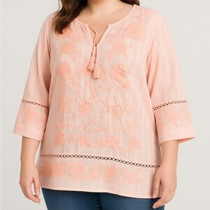 Chico’s 2 /L Cottage Rose Pink Embroidered Boho Peasant Tunic Top Cotton Tassel